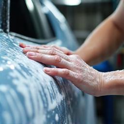 Technician hand-washing car exterior